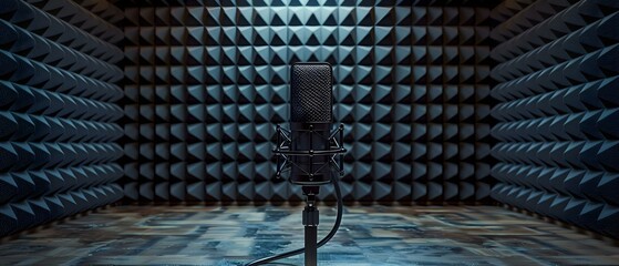 Retro microphone in a sound recording studio with acoustic foam walls for noise reduction and optimal sound quality. Concept Sound Recording Studio, Retro Microphone, Acoustic Foam Walls - obrazy, fototapety, plakaty