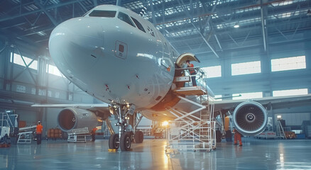 A commercial airplane being worked on in an aircraft repair hangar, with engineers and crew working on the structure of its engine and wings