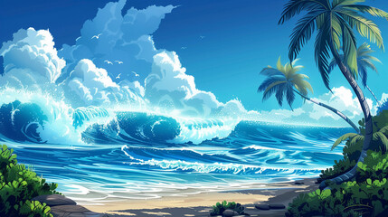 Fototapeta na wymiar Coastal Escape, Sandy Beach in Sunshine with Palm Trees and Ocean Waves Illustration