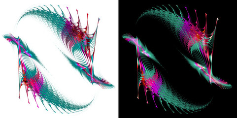 Fantastic sea creatures with fins - spines swim in a circle one after another on white and black backgrounds. Set. 3D rendering. 3D illustration.