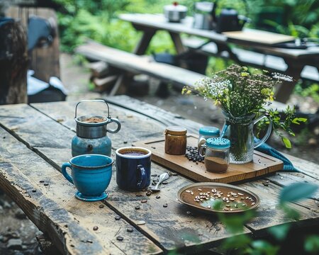 Outdoor breakfast preparation, morning rituals, coffee brewed