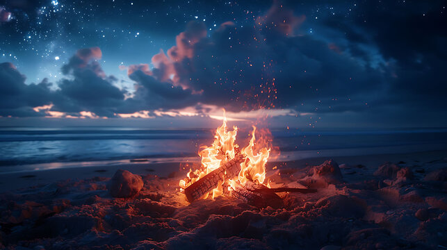 Beach bonfires blazing under a starry sky