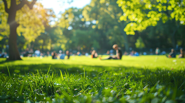 City park with blurred background, capturing people enjoying outdoor activities in spring summer