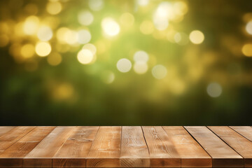 Empty wooden planks or tabletop in front of a blurred bokeh green background and minimalist background a product display background or wallpaper concept with front-lighting 