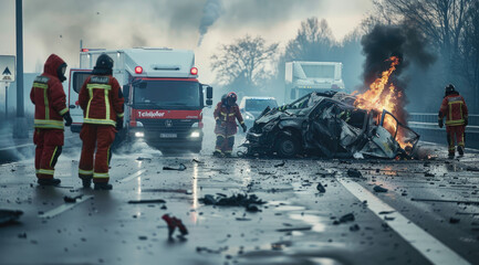  a car accident scene on the highway with emergency services and paramedics carrying an injured...
