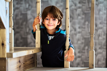 Little Caucasian boy smiles while looking through balusters of wooden staircase railing in his home.