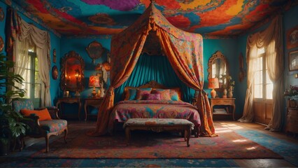 A dreamy bedroom with a bohemian flair, featuring a canopy bed and vibrant, eclectic patterns. - obrazy, fototapety, plakaty