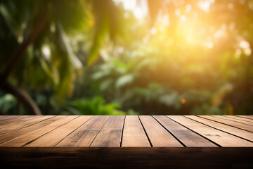 Empty wooden planks or tabletop in front of a blurred bokeh lush tropical forest and modern background a product display background or wallpaper concept with backlighting 