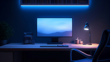 A gaming room setup with a computer that has one screen a minimalist and light room with sunlight as light source overview of the room 