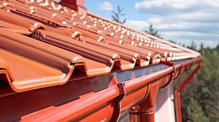 effective water gutters with red roof tiles. Ensure proper drainage and protection for residential and commercial properties with reliable gutter systems - obrazy, fototapety, plakaty