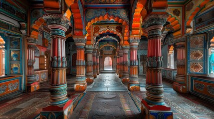 Fototapeta na wymiar Colorful indian haveli interior detailed carvings and architecture in hdr photography