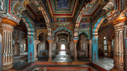 Fototapeta na wymiar Vibrant indian haveli rich frescoes, elaborate carvings, enhanced lighting in hdr photography