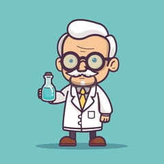 Professor mascot holding chemical liquid bottle