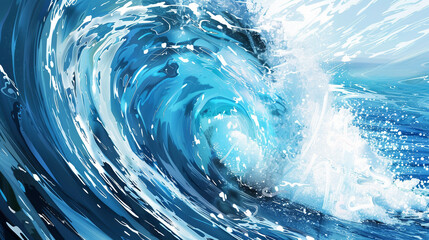 Massive Ocean Wave Rolling, Detailed Close-Up Illustration of Water Power - obrazy, fototapety, plakaty