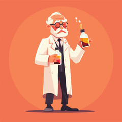 Professor mascot holding chemical liquid bottle