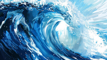 Close-Up Illustration of Giant Ocean Wave Rolling, Dynamic Water Motion