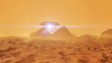UFO alien spacecraft on mars planet,Sci fi concept,4K, red planet view landscape, 2024