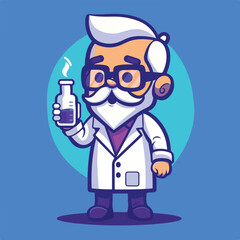 Professor mascot holding chemical liquid bottle