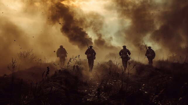 Dramatic world war i reenactment  soldiers in trenches amidst dust and smoke, desaturated colors