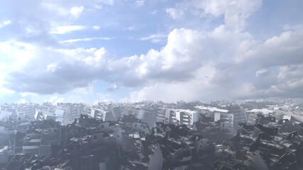 3d rendering-Destroyed city after earthquake or war, aerial 
Cinematic view of Apocalyptic destroyed city, 4K,2024

