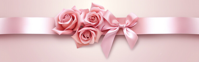 Horizontal rose ribbon and bow on a eccentric background for wedding invitation card greeting card or gift boxes 