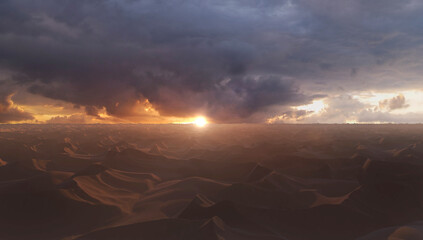 Desert dunes mountains at sunset with lightning clouds, aerial 
Cinematic view of desert dunes with sunset flares, 4K, 2024
