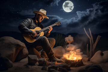 Cowboy kneeling by a campfire under a starry sky and strumming a guitar. Generative AI