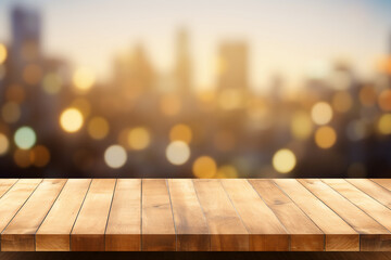 Empty wooden planks or tabletop in front of a blurred bokeh city and maximalist background a...