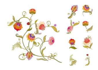 Fantasy flowers in retro, vintage, jacobean embroidery style. Clip art, set of elements for design Vector illustration. - 775228716