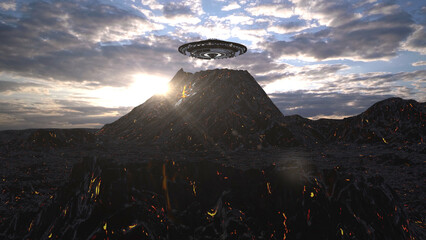 3d rendering-Large spacecraft UFO hovering above volcano, aerial
Alien sci-fi concept,4K,2024

