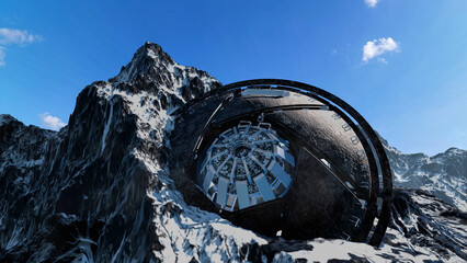 3d rendering-UFO alien saucer remains after crash on snowy mountain, aerial view  Alien sci-fi concept,4K,2024   © ImageBank4U