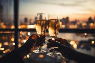 two people African American hands toasting champagne glasses for new years eve with a city background, a celebration or engagement concept 