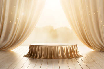 An empty round wooden podium set amidst a soft white blowing drapery curtain drapes with water drops and modern background a product display background or wallpaper concept with backlighting 