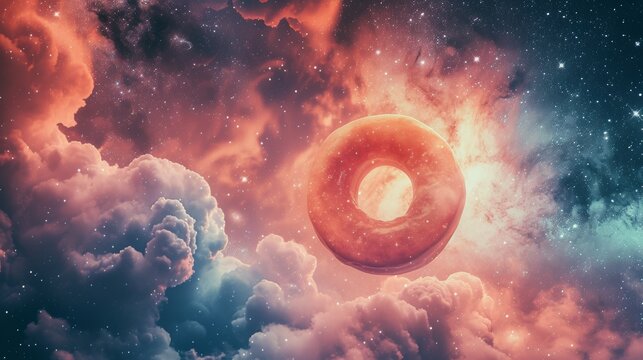 Surreal doughnut floating in a cosmic sky