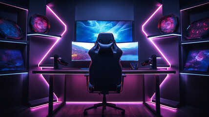 A gaming room setup with a computer that has three screens a eccentric and dark room with neon light as light source close up with an empty chair 