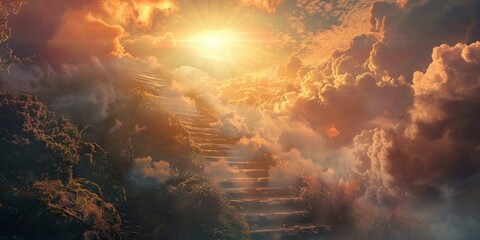 A mystical stairway shrouded in clouds, inviting an ascent to the heavenly realms