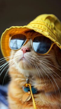 Cat with sunglasses and yellow hat
