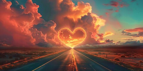 A road to destiny under sunset skies, heartshaped clouds guiding the way forward - obrazy, fototapety, plakaty