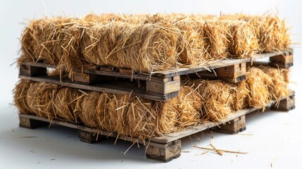 rustic charm of a photography pallet filled with dried hay against a white background. Evokes the simplicity and beauty of rural life and harvest season