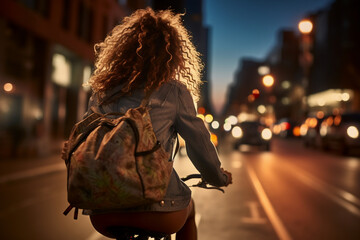 A beautiful adult of South-African hipster woman riding her bicycle to work, a backside portrait of a woman commuting on a bicycle on a sunny day in an urban street at midnight 