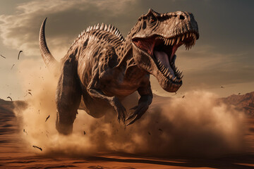 Epic dinosaur attacking in a desert landscape. Generative AI