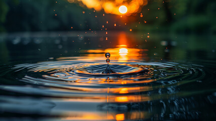Water droplet against sunset reflection - obrazy, fototapety, plakaty