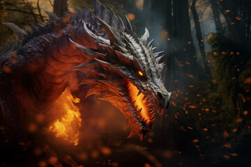 Epic dragon breathing fire in an enchanted forest. Generative AI
