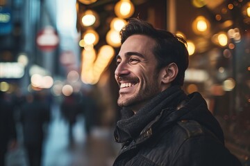Portrait of a handsome young man laughing in the city at night - obrazy, fototapety, plakaty