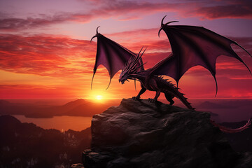 Dragon perched on the edge of a cliff. Generative AI
