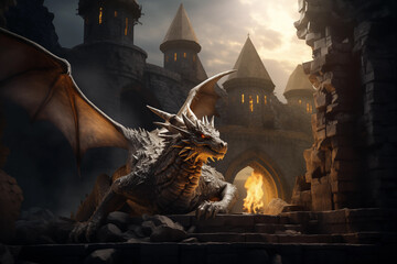 Epic dragon resting in castle ruins. Generative AI