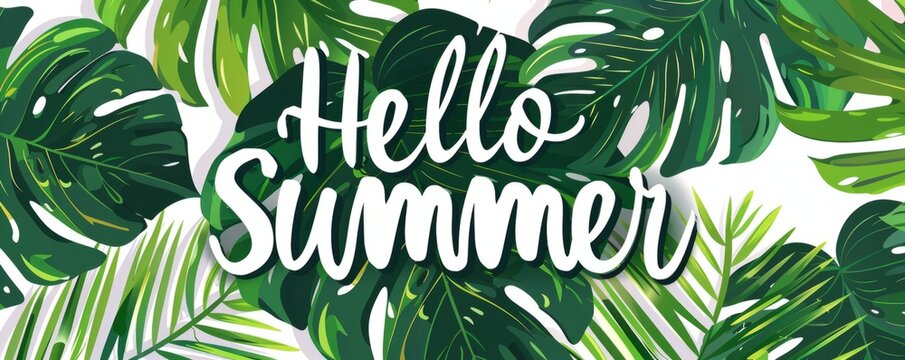 background with green palm leaves and the text "Hello Summer" in a cursive font, creating an elegant summer-themed design for social media Generative AI