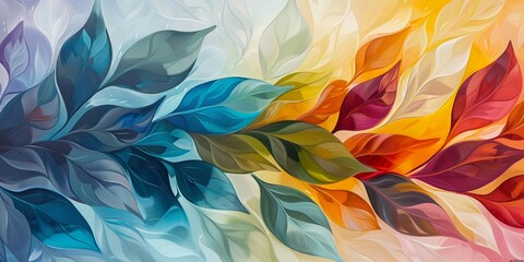 An art piece where abstract leaves meet a seamless color gradient, merging nature with creativity - obrazy, fototapety, plakaty