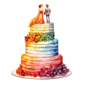 Rainbow wedding cake with fruit decorations and couple topper