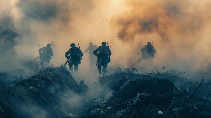 Dramatic world war i battlefield reenactment  soldiers in trenches amid dust and smoke - obrazy, fototapety, plakaty